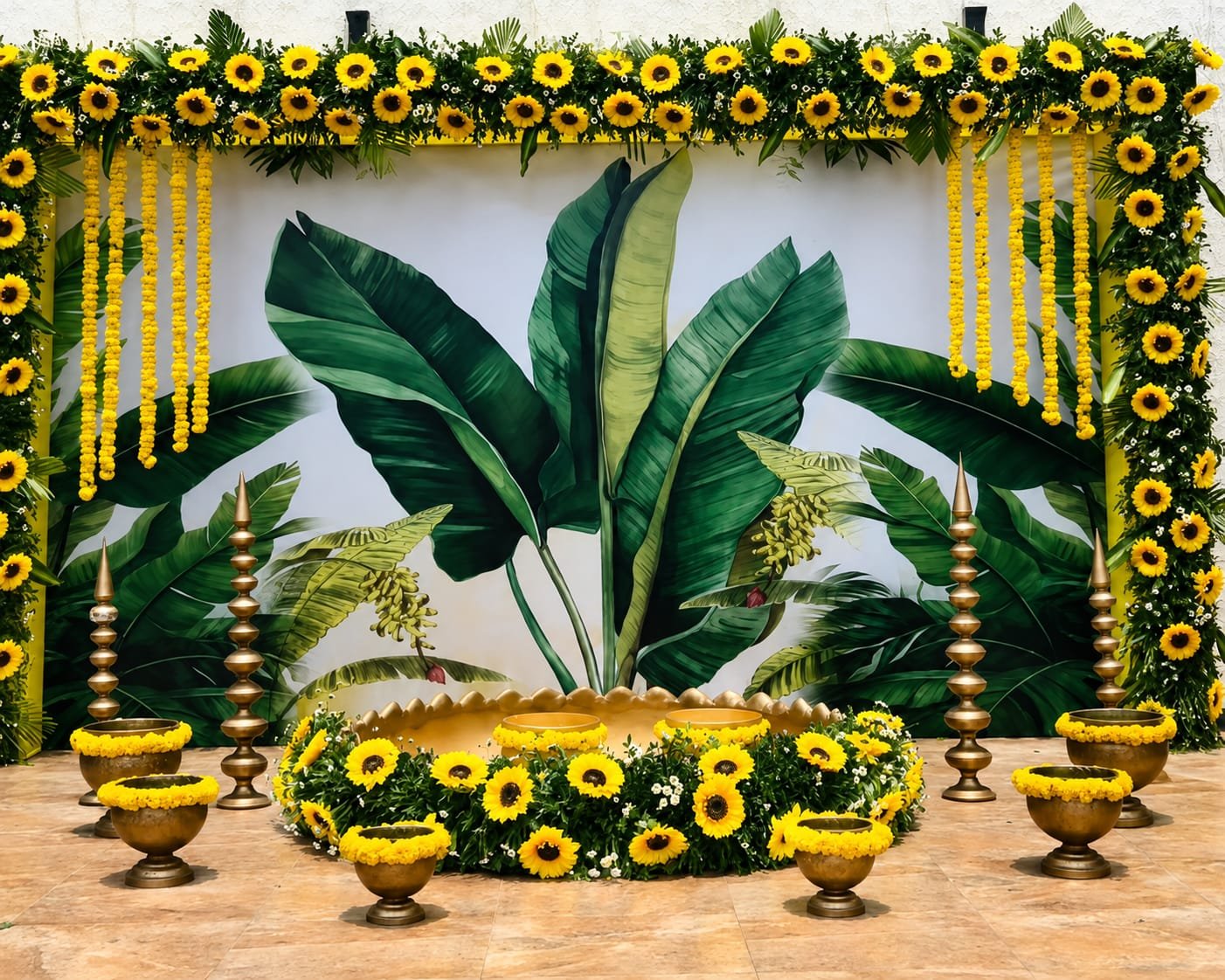Sunflower and banana leaf themed haldi decoration by Nilesh Decorators Neral