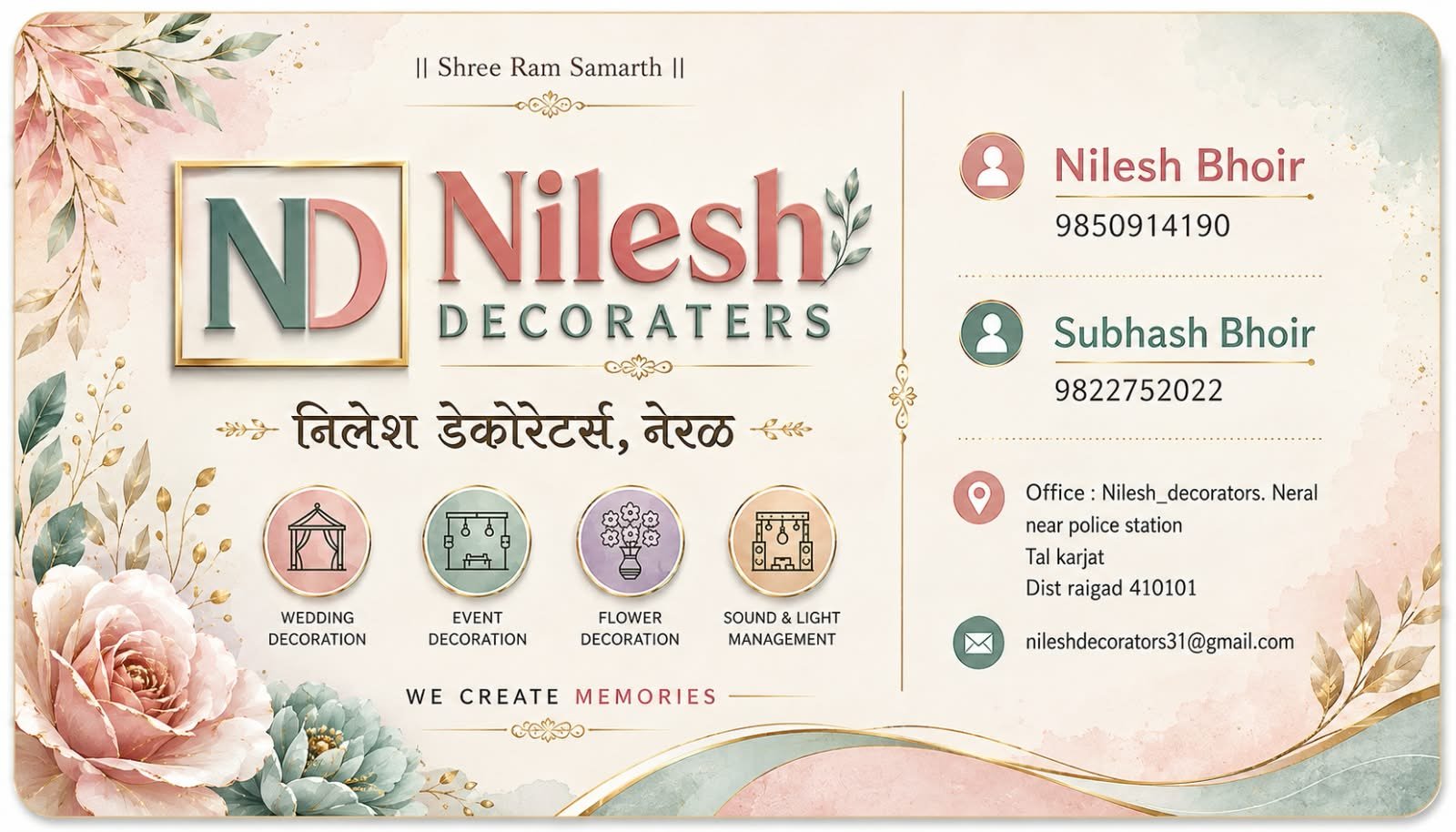 Nilesh Decorators Neral visiting card - wedding, event, flower decoration and sound and light