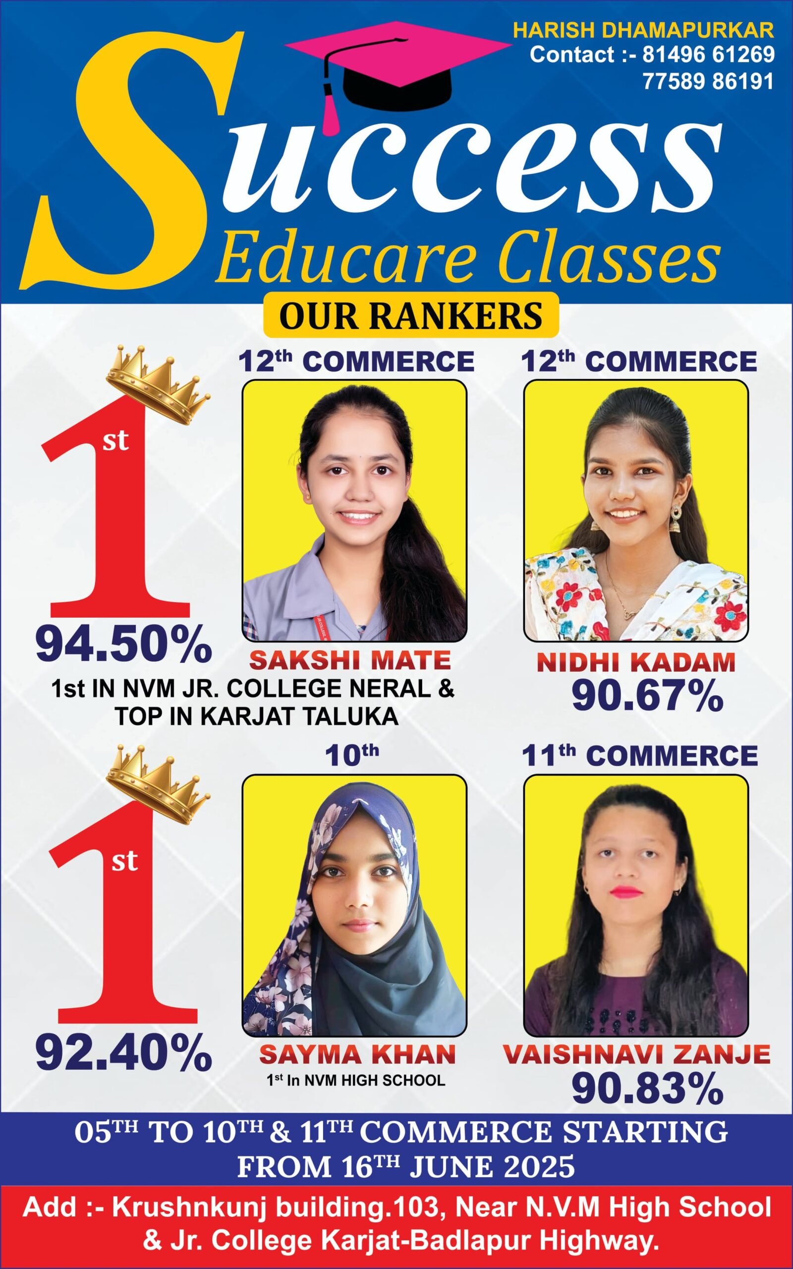 Our Rankers – Sakshi Mate 94.50%, Nidhi Kadam 90.67%, Sayma Khan 92.40% 10th, Vaishnavi Zanje 90.83% – Success Educare Classes Neral
